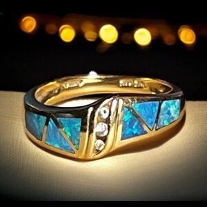 14K Yellow Gold Australian Black Opal Inlay Diamond Inlaid Band Ring Size 7.5